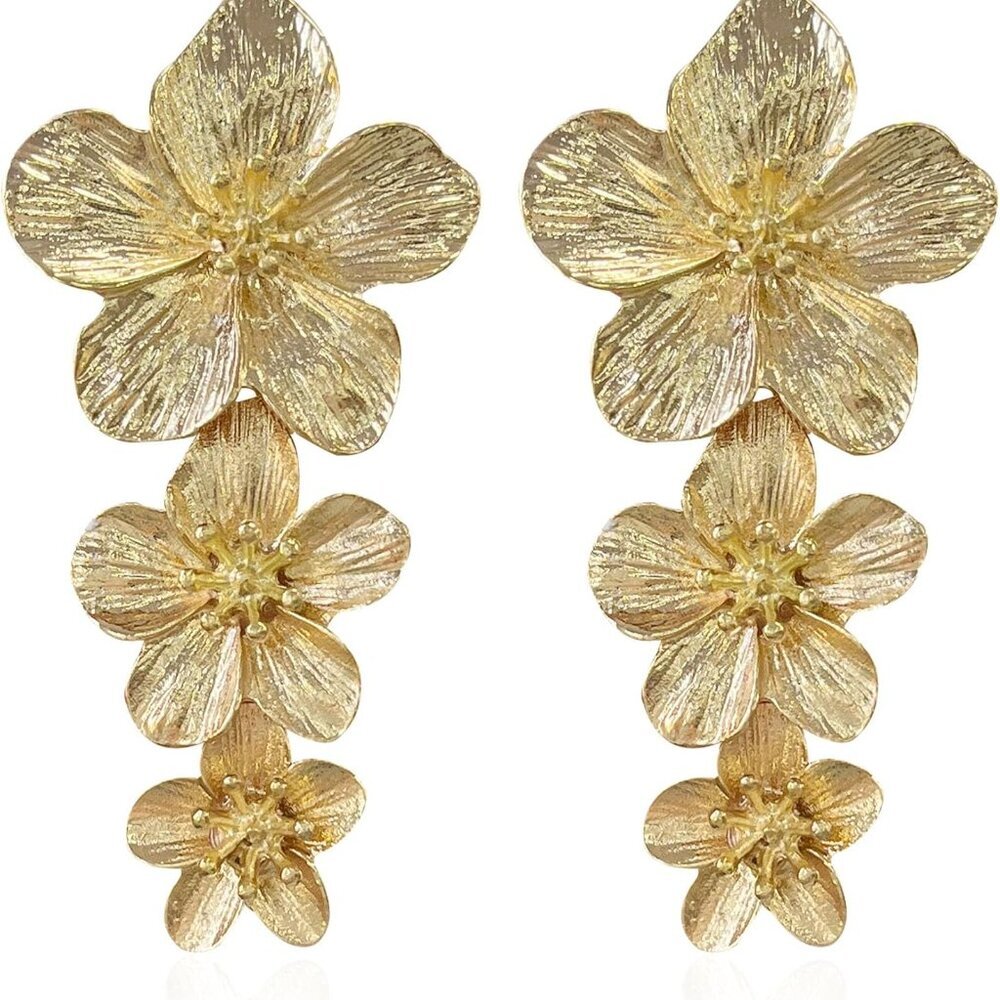 Bohemian Daisy Flower Matte Floral Petal Drop Dangle Earrings 3 Layered Tiered f